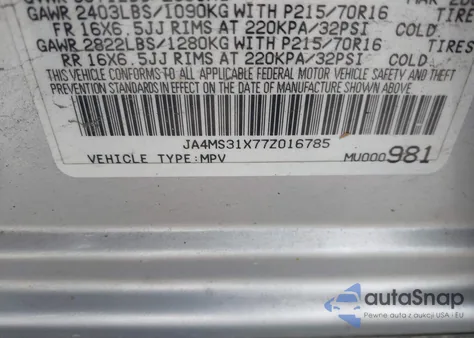 2007 Mitsubishi Outlander Es from USA, damaged, VIN JA4MS31X77Z016785